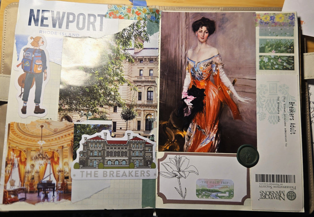 Junk journaling spread with photos, brochure cutouts, ticket stubs, and post cards about Newport, Rhode Island.