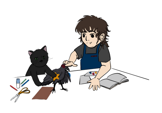 A digital drawing of the owner of Papel Arcano, Jack Saucedo, and the store mascot, a black cat named Pepita, journaling.